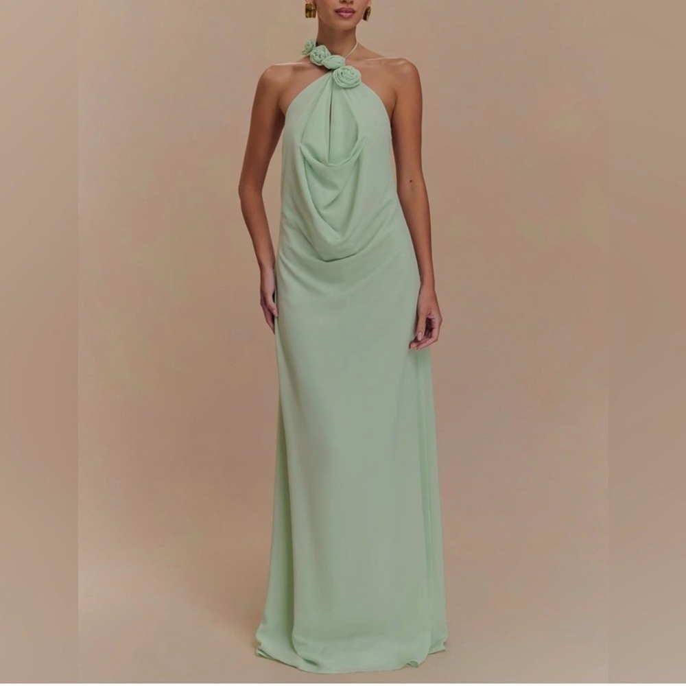 Elegant Halter Draped Maxi Dress in Mint